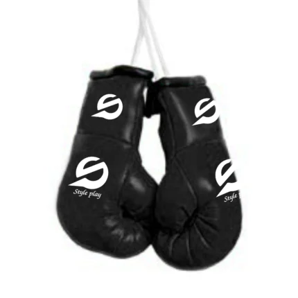 Realistic black mini boxing gloves used for car hanging decor keychains or sports-themed gifts with detailed stitching.