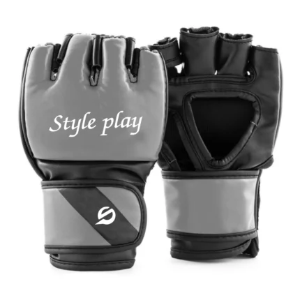 Grey MMA gloves with open-palm design, padded knuckles, and adjustable wrist strap for full-contact MMA training support.