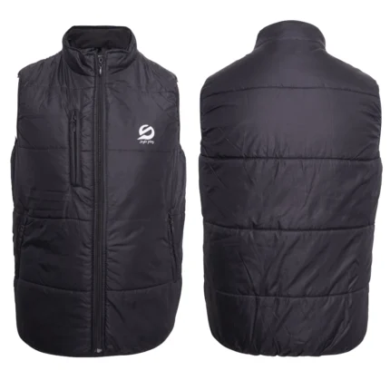 Sleeveless black puffer jacket for men providing warmth and mobility in cold weather