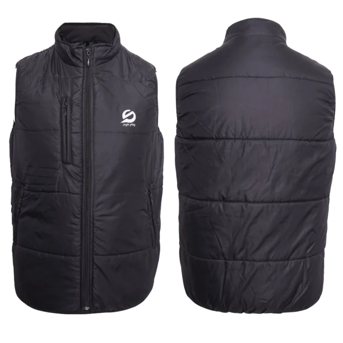 Sleeveless black puffer jacket for men providing warmth and mobility in cold weather