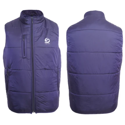 Sleeveless blue puffer jacket for men providing warmth and mobility in cold weather