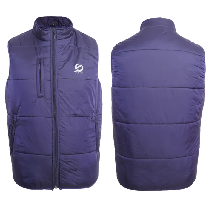 Sleeveless blue puffer jacket for men providing warmth and mobility in cold weather