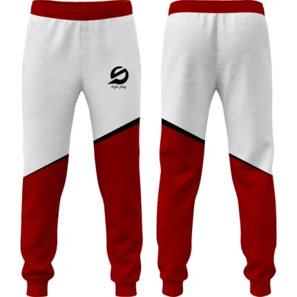 Red fleece trouser with soft fabric and relaxed fit designed for comfort warmth and flexibility in casual or workout wear.