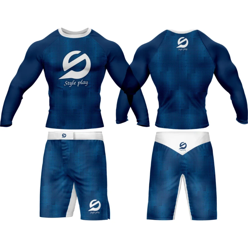 Blue Rashguard Set with UV protection, quick-dry fabric, and compression fit, designed for surfing, MMA, gym, and outdoor sports.