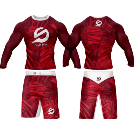 Red Rashguard Set with UV protection, quick-dry fabric, and compression fit, designed for surfing, MMA, gym, and outdoor sports.